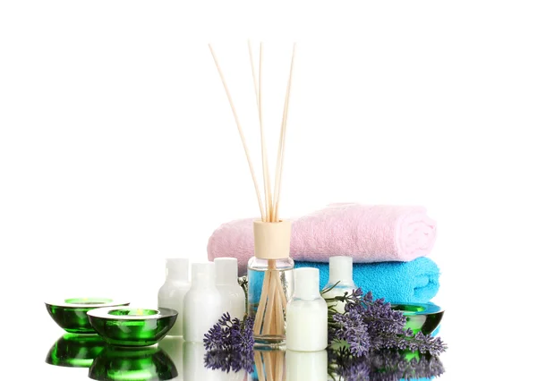 Bottle of air freshener, lavander, towels and candles isolated on white — Stock Photo, Image