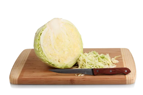 Green cabbage shredded on wooden board isolated on white — Stock Photo, Image