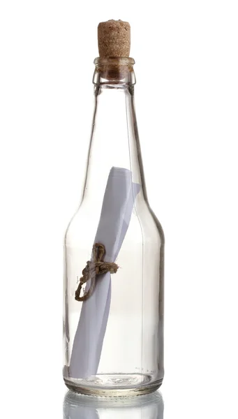 Glass bottle with note inside isolated on white — Stock Photo, Image