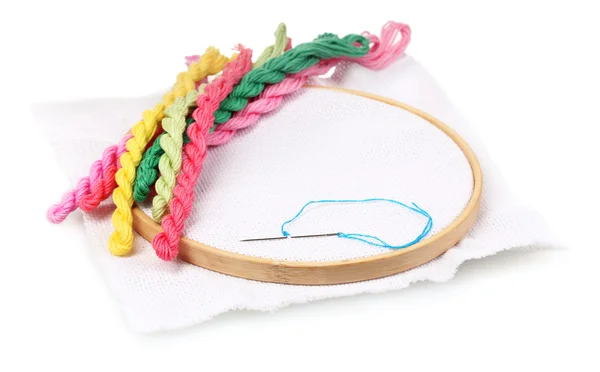 The embroidery hoop with canvas and bright sewing threads for embroidery is — Stock Photo, Image