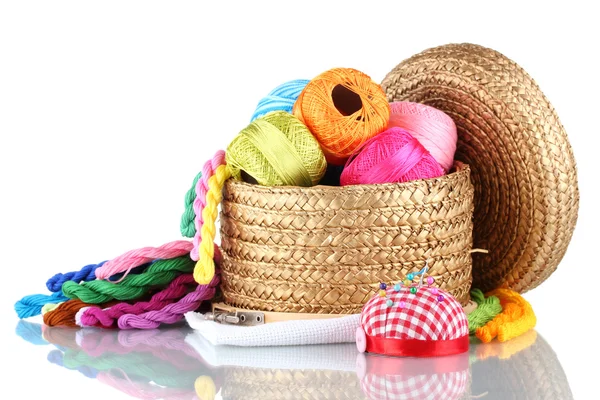 Bright threads for needlework and fabric in a wicker basket — Stock Photo, Image