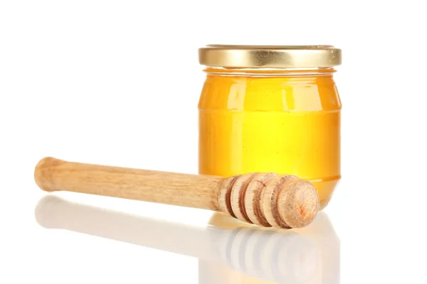 Tasty honey and honey dipper isolated on white — Stock Photo, Image