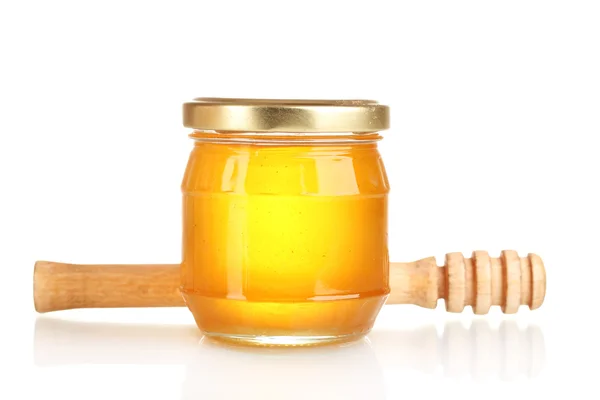 Saboroso mel e mel dipper isolado em branco — Fotografia de Stock
