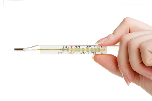 Termômetro na mão isolado em branco — Fotografia de Stock