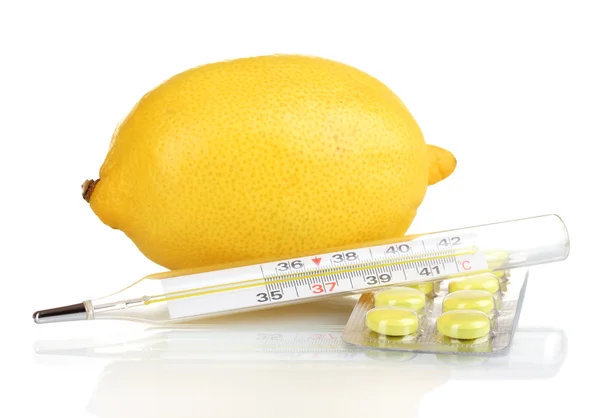 Lemon, pills and thermometer isolated on white — Stock Photo, Image