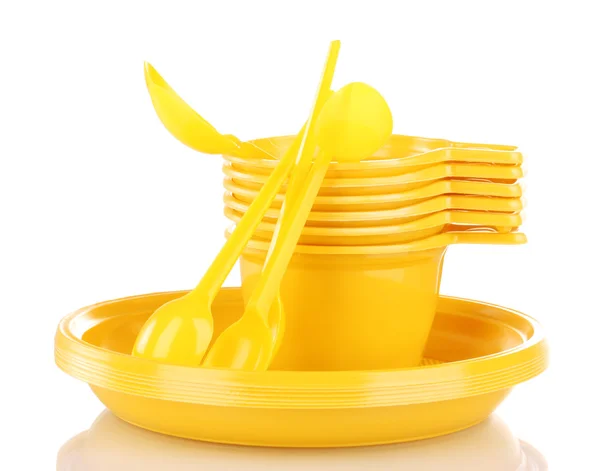 Helder gele plastic tafelgerei geïsoleerd op wit — Stockfoto