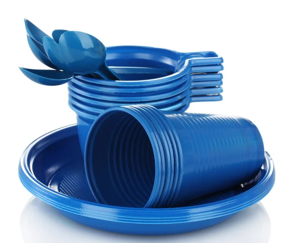 孤立在白色的亮蓝色塑料餐具 — 图库照片