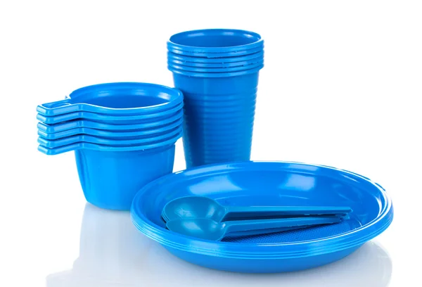 Světlé modré plastové nádobí izolovaných na bílém — Stock fotografie