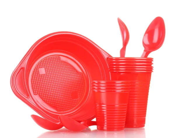 Bright red plastic tableware isolated on white — Stock Photo, Image
