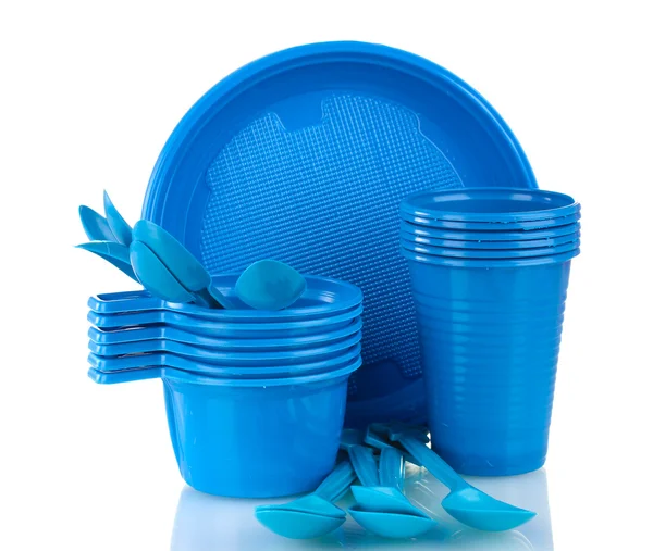 Világos kék műanyag étkészlet, elszigetelt fehér — Stock Fotó