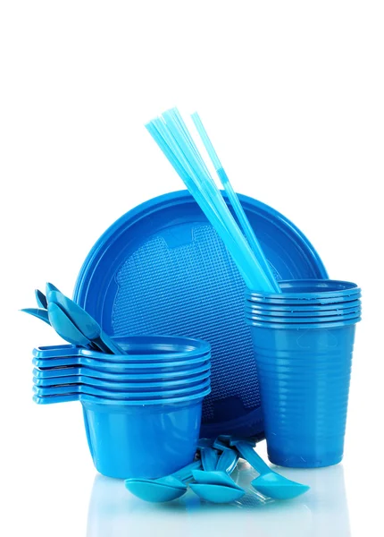Яскраво-блакитний пластиковий посуд ізольований на білому — стокове фото