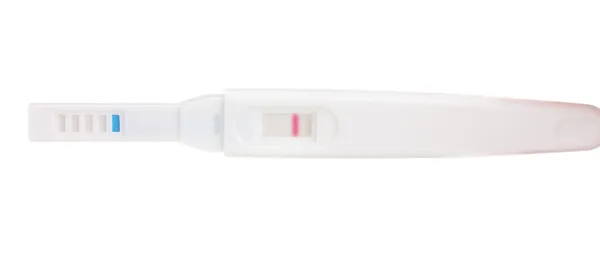 Terhességi teszt a kezében elszigetelt fehér — Stock Fotó