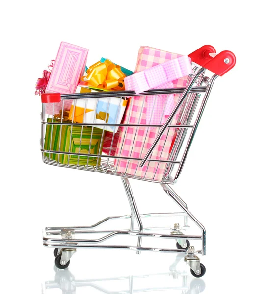 Shopping cart with bright gifts isolated on white — Stock Photo, Image