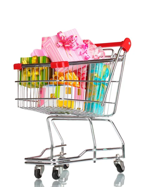 Shopping cart with bright gifts isolated on white — Stock Photo, Image