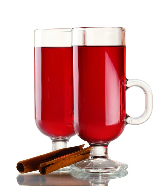 Mulled wine in the glasses and cinnamon isolated on white — Stock Photo, Image