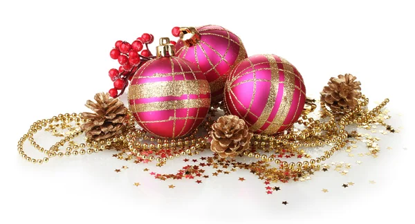 Beautiful pink Christmas balls and cones isolated on white — Stock Photo, Image