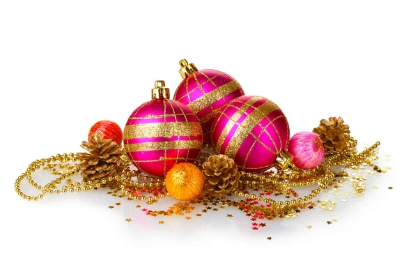 Beautiful pink Christmas balls and cones isolated on white — Stock Photo, Image