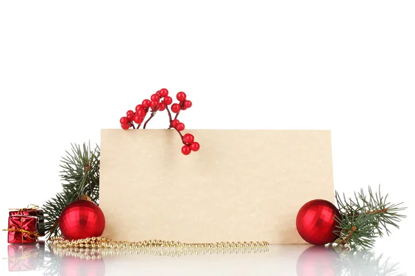Postal en blanco, regalos, bolas de Navidad y abeto aislado en blanco —  Fotos de Stock
