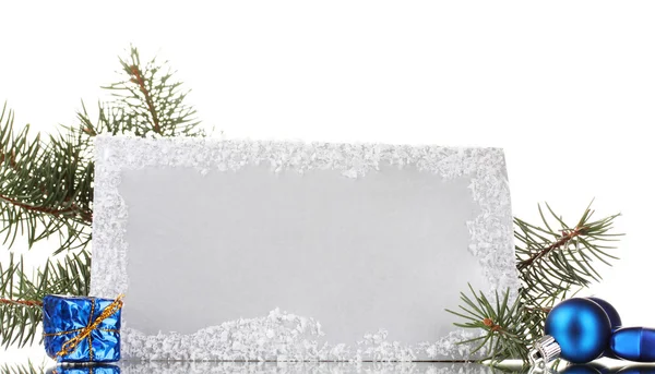 Blank postcard, Christmas balls and fir-tree isolated on white — Stock Photo, Image