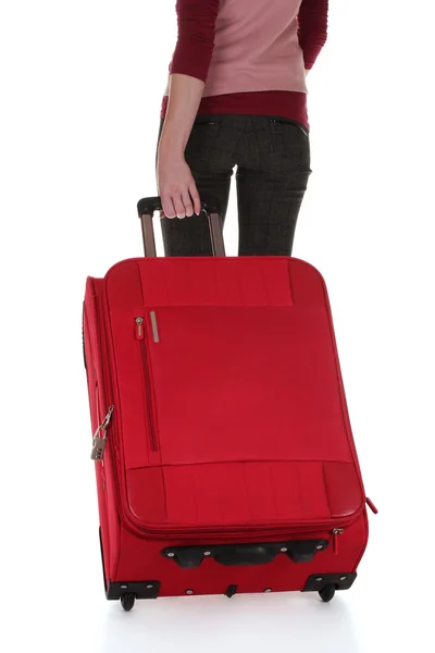 Cestující s kufrem, izolované na bílém — Stock fotografie