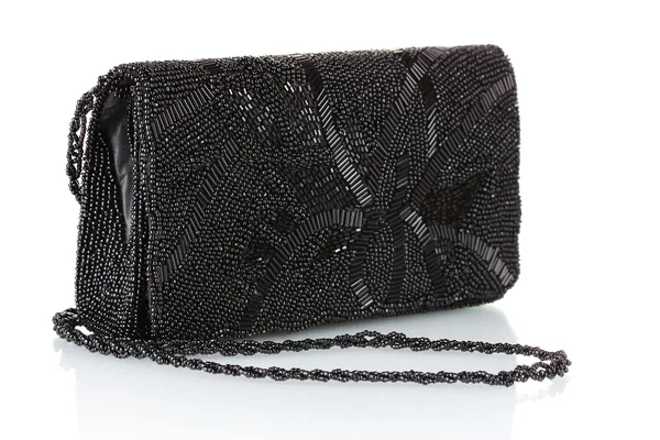 Black clutch embroidered with beads isolated on white — Stock Photo, Image
