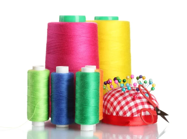 Klossen van wol met gekleurde spijkers in pin-kussen geïsoleerd op wit — Stockfoto