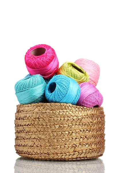 Bright threads for knitting in the basket isolated on white — Stock Photo, Image