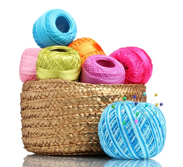 Bright threads for knitting in the basket isolated on white — Stock Photo, Image