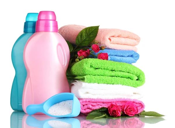 Detergent with washing powder and towels isolated on white — Stock Photo, Image