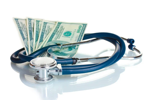 Stetoscopio e denaro americano isolato su bianco — Foto Stock