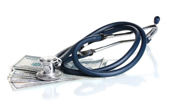Stetoskop i amerykański pieniądze na białym tle — Zdjęcie stockowe