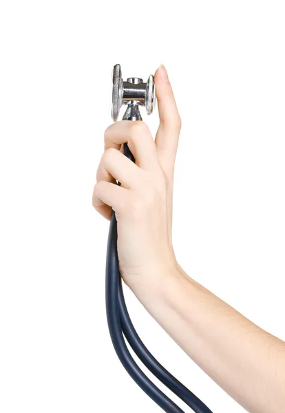 Main de médecin avec stéthoscope isolé sur blanc — Photo