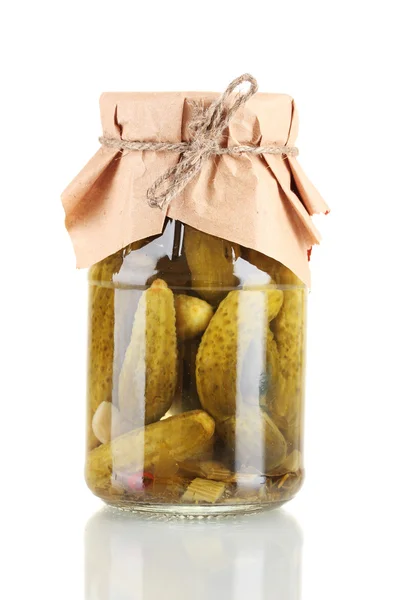 Marinated cucumbers in a glass jar isolated on white — Stock Photo, Image