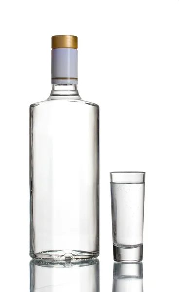 Bottiglia di vodka e bicchiere da vino isolata su bianco — Foto Stock