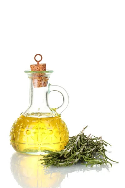 Oil in a bottle and fresh rosemary isolated on white — Stock Photo, Image