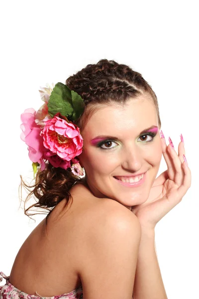 Hermosa chica con flores en el pelo aislado en blanco —  Fotos de Stock