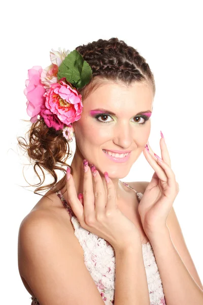 Hermosa chica con flores en el pelo aislado en blanco —  Fotos de Stock