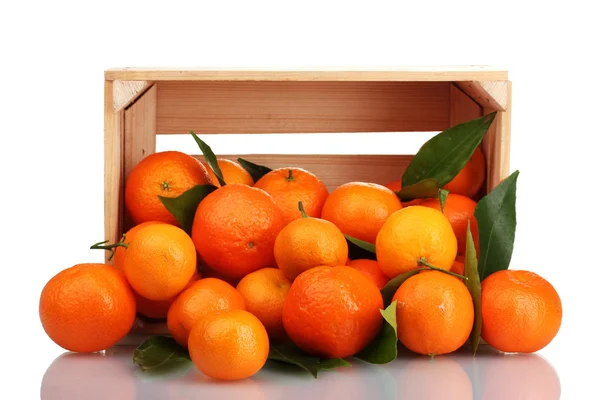 Tangerinas maduras saborosas com folhas em caixa de madeira caiu isolado em branco — Fotografia de Stock