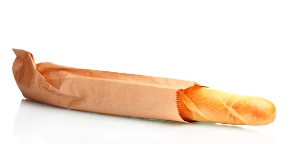 Deliciosa baguette en bolsa de papel aislada en blanco —  Fotos de Stock