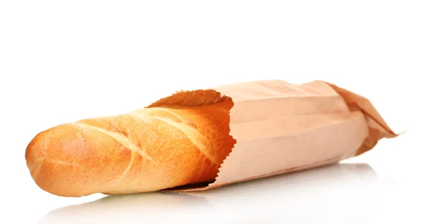 Finom baguette, elszigetelt fehér papír porzsák — Stock Fotó