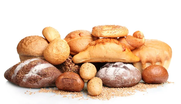 Delicious breads and wheat isolated on white — Stock Photo, Image