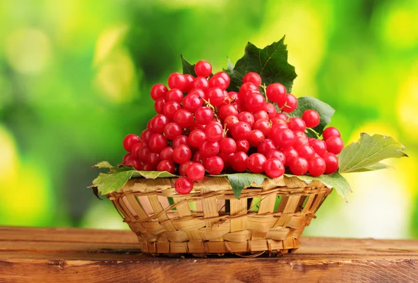 Bagas vermelhas de viburnum na cesta na mesa de madeira no fundo verde — Fotografia de Stock