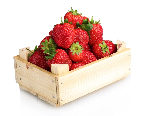 Strawberries in wooden box isolated on white — Stock Photo, Image