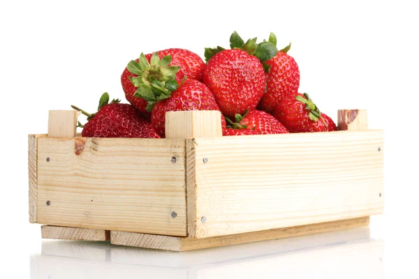 Strawberries in wooden box isolated on white — Stock Photo, Image