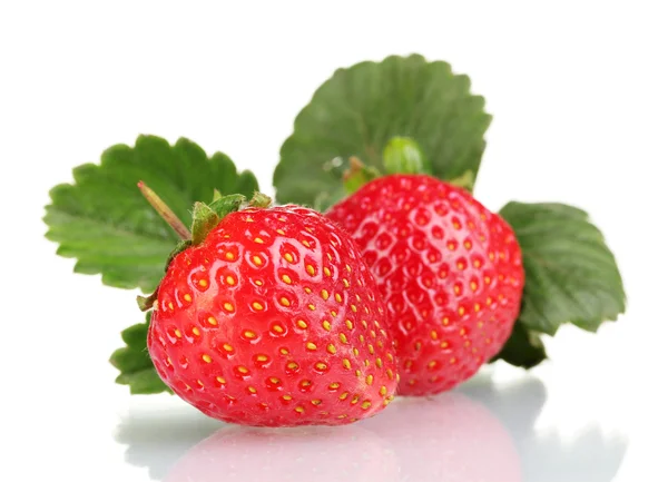 Sweet strawberries with leaves isolated on white — Stock Photo, Image