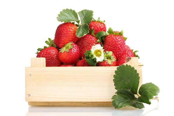 Aardbeien met bladeren in houten doos geïsoleerd op wit — Stockfoto