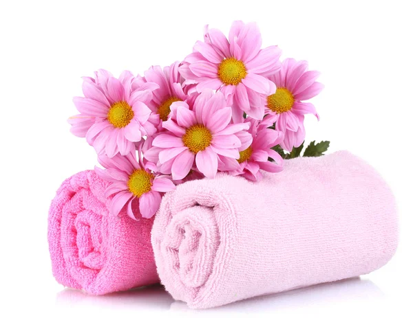 stock image Pink towels and beautiful flowers isolated on white