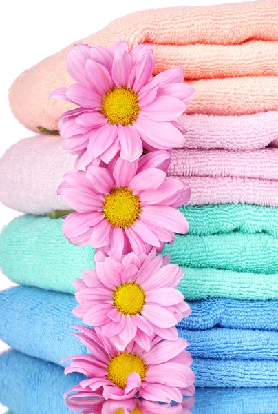Towels and beautiful flowers on pink background — Stock Photo, Image