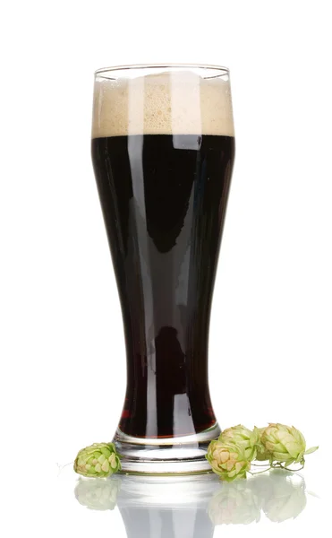 Σκοτεινή μπύρα σε ένα ποτήρι και το πράσινο λυκίσκου που απομονώνονται σε λευκό — Φωτογραφία Αρχείου
