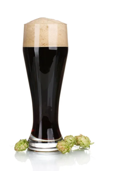Birra scura in un bicchiere e luppolo verde isolato su bianco — Foto Stock